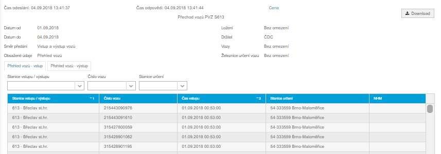 1.1.9 VUZ - Pohyb vozu Číslo vozu zde se zadává 12-místné číslo vozu, max je možné zadat 3 čísla vozů. Přijdou max 3 samostatné odpovědi.