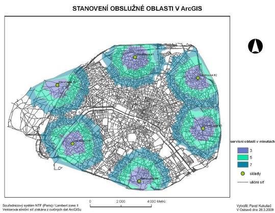 Obrázek 7- Stanovení obslužné oblasti v ArgGIS Analýza servisní oblasti v gvsig umožňuje generování 3 vrstev (linií, polygonů a teček).