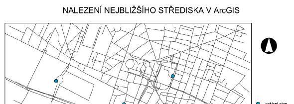 Obrázek 9 - Nalezení nejbližšího střediska v ArcGIS Při hledání nejbližšího zařízení, lze gvsig určit, stejně jako u programu ArcGIS, počet směrů trasy, které lze najít, buď od nebo k danému místu.