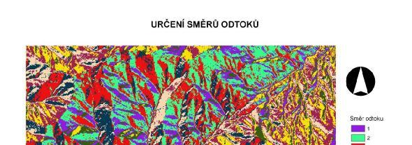 (či čtyřmi) buňkami. Postup určení směru stékání vody je takový, že postupně se porovnávají hodnoty sousedních buněk s buňkou analyzovanou až se nalezne nejmenší hodnota.