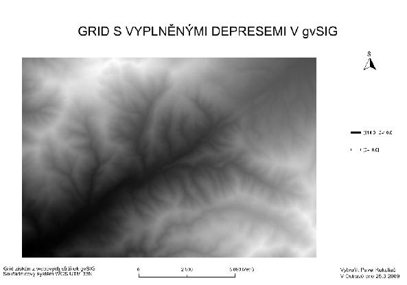 nalezení depresí a zároveň hned automaticky provede jejich vyplnění. Z toho vyplývá, že v gvsig pak nelze dále deprese modelovat.