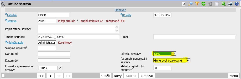 Aby se nově zadaný plánovač uplatnil, musíme ještě na formuláři offline sestav nastavit parametr generování sestavy na hodnotu Generovat opakovaně.