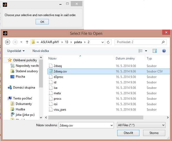 Obr. 20 - Výběr csv souborů pro následující analýzu Jakmile jsou cesty k souborům uloženy, otvírá se GUI samotného programu. Celkový přehled GUI je uveden na obrázku 21.