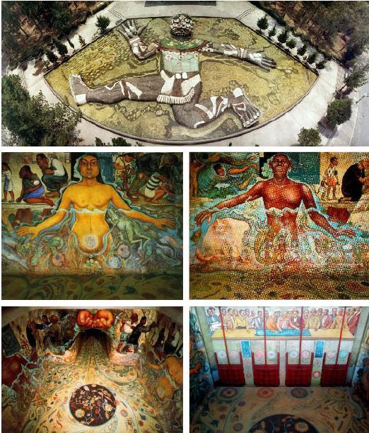 2.16. Diego Rivera, Origen de la Vida (Původ života), fresky uvnitř pavilonu vodárny a venkovní