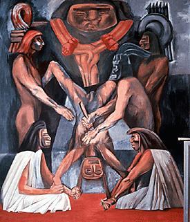 3.13. Vlevo: José Clemente Orozco, Ancient Human Sacrifice (Starověké lidské oběti), druhý panel z cyklu The Epic