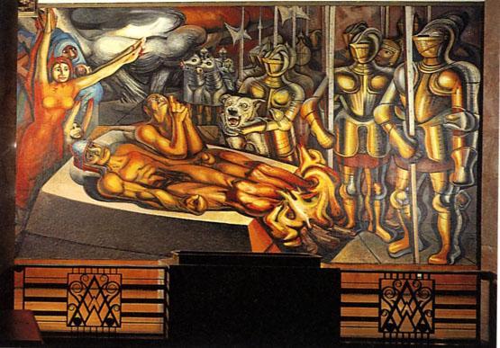 4.5. David Alfaro Squeiros, El Tormento de Cuauhtémoc (Mučení Cuauhtémoka), 1950, galerie Museo