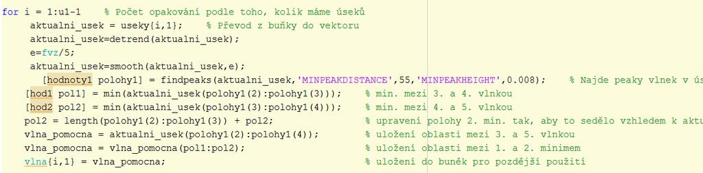 Na obrázku 34 je popsána vlastní detekce pulsových vln. Pro správné zobrazení bylo nutné najít minima mezi zvolenými vlnami, protože při použití jednoduchého findpeaks se zobrazí část od píku do píku.