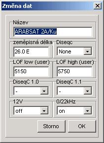 Změna dat: Získáte následující okno, ve kterém můžete změnit specifická data satelitu: Pro získání tohoto okna je možno také označit satelit dvojklikem.