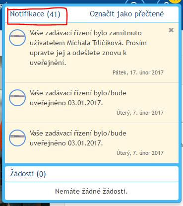 Notifikace v rámci portálu - Kliknutím na žlutou bublinku se zobrazí okénko s nepřečtenými notifikacemi - Kliknutím na konkrétní notifikaci se zobrazí detail zadávacího řízení (tzn.