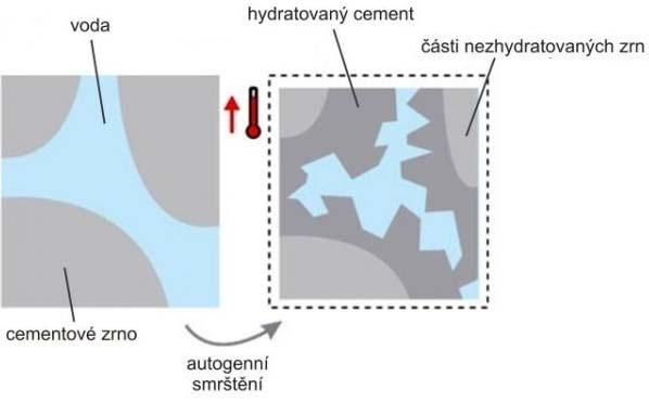 Autogenní smršťování Zmenšení objemu pojiva při hydrataci objem vody a cementu je větší, než-li