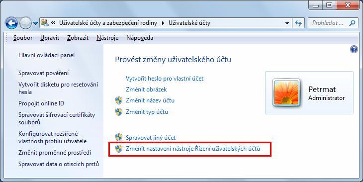 CAD Kuchyně > Instalace Klepněte na položku Uživatelské účty: Klepněte na položku Změnit nastavení nástroje Řízení