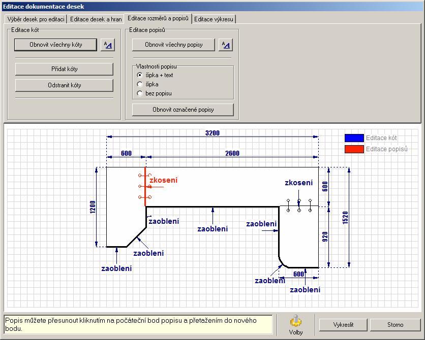 Editace rozměrů a popisů CAD Kuchyně > Dokumentace pracovních desek Automatické uspořádání programem generovaných kót a popisů nemusí být vždy optimální, zvláště ve výkresech, kde je hodně desek a