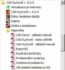 Příručky a dokumentace CAD Kuchyně > Instalace K tomuto základnímu manuálu náleží další příručky, které jsou dodávány jen v elektronické podobě - ve formátu PDF: CAD Decor - základní manuál Jedná se