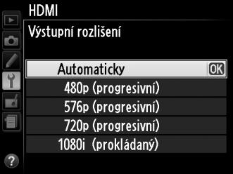 Nastavení HDMI Položka HDMI v menu nastavení řídí výstupní rozlišení a lze ji použít k povolení dálkového ovládání fotoaparátu z přístrojů, které podporují HDMI-CEC (High-Definition Multimedia