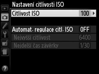 Nastavení citlivosti ISO Tlačítko G C menu fotografování Nastavení citlivosti ISO (0 54). Automat. regulace citl.
