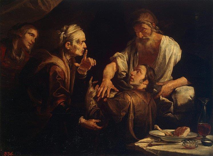 3) JÁKOBŮV PODVOD Součástí podvodu bylo několik věcí: Gioacchino Assereto, Izák žehná Jákobovi, 1640 - Převlek, kůže - Vůně - pozdrav polibkem - Podvod s jídlem jíst s někým a pak ho zradit byl velký