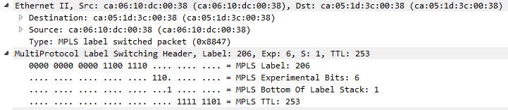 Tab. 1.2: Mapování bitů DSCP do pole TC. Pojmenování DiffServ třídy DSCP TC EF 101110 111 AF4 100010 110 AF3 011010 101 AF2 010010 100 AF1 001010 011 BE 000000 010 Na Obr. 1.4 lze vidět, jakým způsobem je v Ethernetovém rámci na druhé vrstvě odlišeno, že bude následovat MPLS záhlaví (type 0x8847).