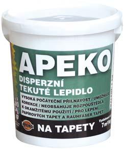 APEKO LEPIDLO NA TAPETY V 1306 DISPERZNÍ TEKUTÉ LEPIDLO NA TAPETY APEKO DISPERZNÍ LEPIDLO NA TAPETY V 1306 se používá k lepení reflexních, papírových a PVC tapet s papírovou podložkou v interiérech