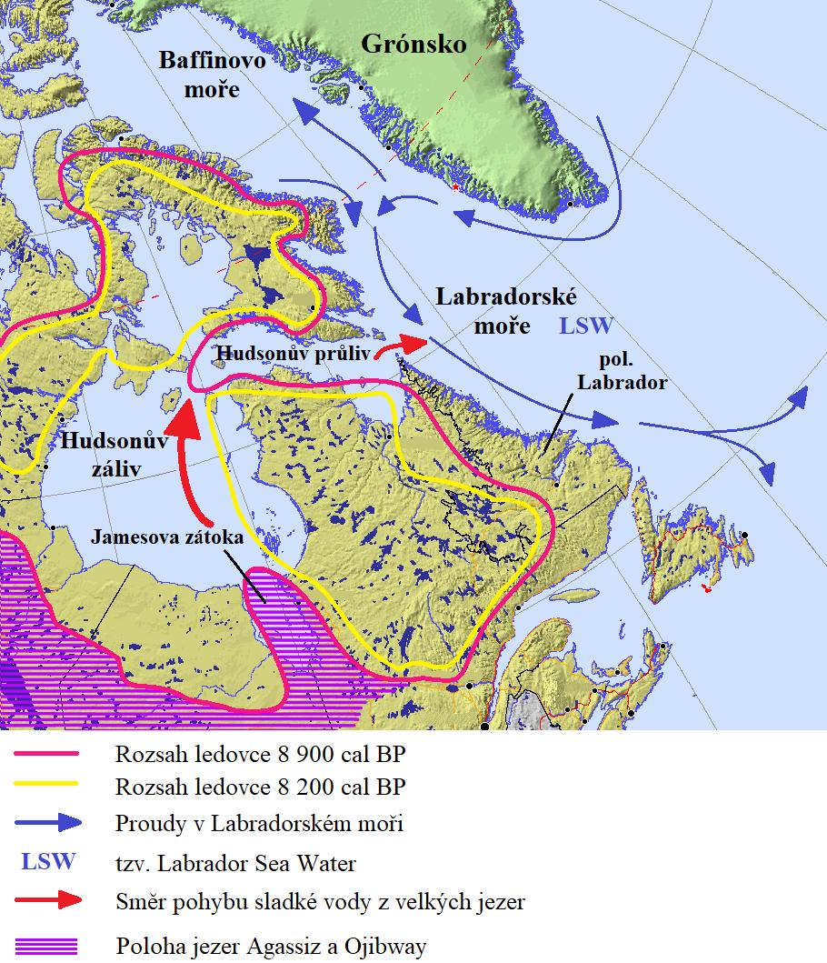 Příloha 6 Obr. 6: Severovýchodní Kanada a přilehlá moře. Rozdíl mezi rozsahem ledovce 8 200 cal. a 8 900 cal. BP. Červené šipky představují směr přísunu sladké vody do Labradorského moře.