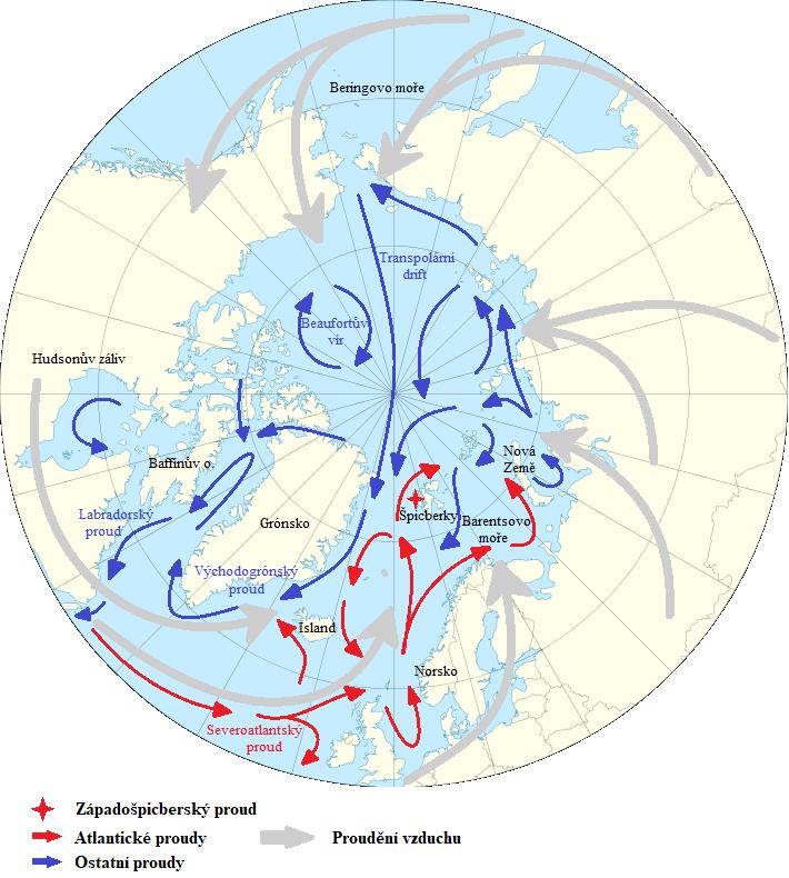 Příloha 3 Obr. 3: Schematický diagram hlavních mořských proudů Severního ledového oceánu a dominantních cest proudění vzduchu. Převzato z Brown a kol. (2018, upraveno). BROWN, T. M., MACDONALD, R. W.