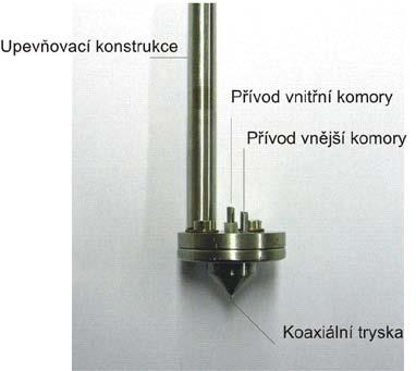 Tento koaxiální elektrospiner měl konstrukčně jednodušší řešení, byly zkráceny dráhy pro dávkování polymerních roztoků a tím došlo ke snížení kapilárních tlaků. Koaxiální elektrospiner č.