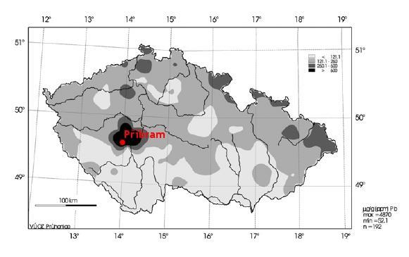 Pb v Evropě, svrchní vrstva půdy [1] Koncentrace Pb v ČR, svrchní vrstva půdy [2] Zdroje a