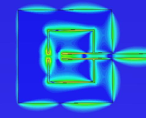 Obrázek 12: Rozložení povrchových proudů při frekvenci 2,45 GHz Ze simulací povrchových proudů na anténě je patrné, které hrany se nejvíce podílí na vyzařování elektrického pole.