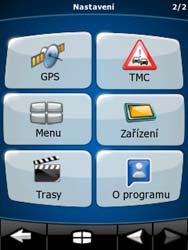 Menu Nastavení obsahuje dvě stránky dílčích menu. Klepnutím na tlačítko přístup k dalším možnostem. získáte - - Tlačítko Reference Můžete upravit vzhled a obsah obrazovky s page 75 mapou.
