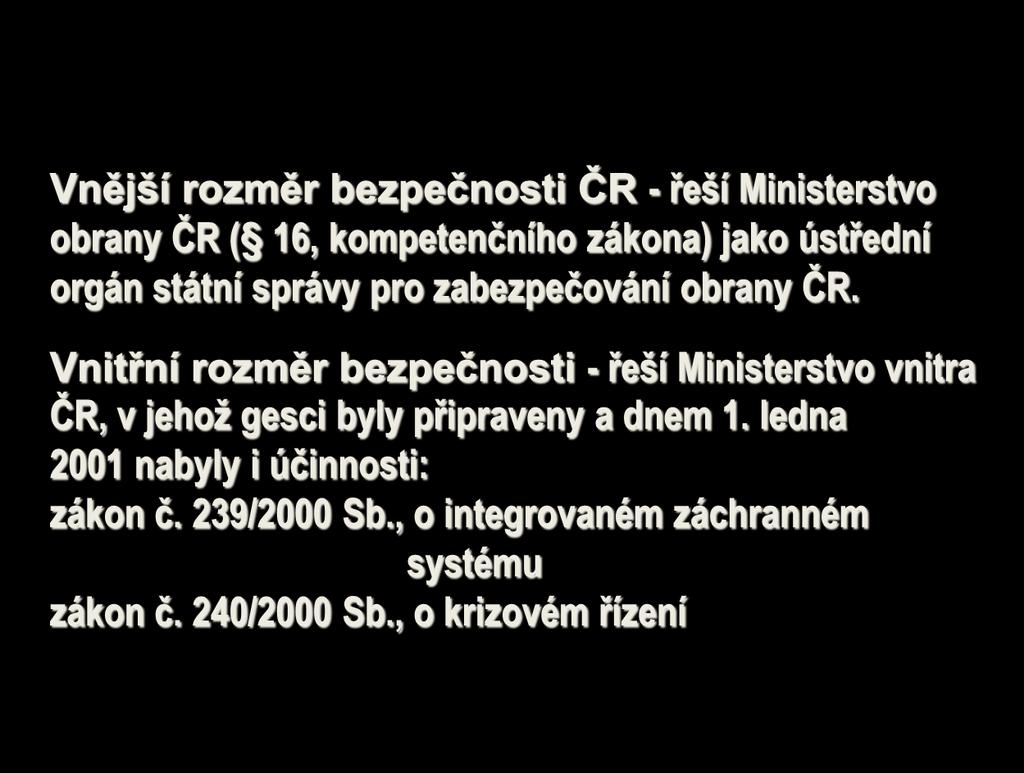 ZAJIŠTĚNÍ BEZPEČNOSTI ČESKÉ REPUBLIKY Vnější rozměr bezpečnosti ČR - řeší Ministerstvo obrany ČR ( 16,