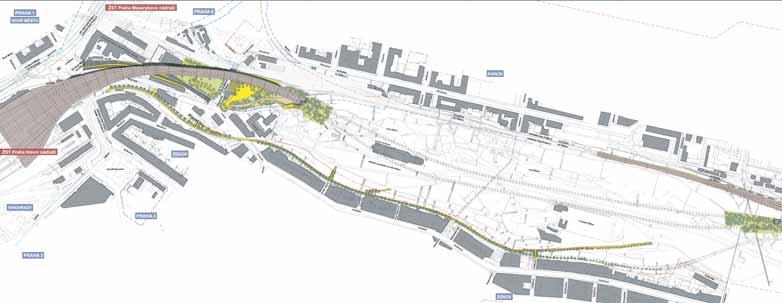 Obr. 3 Urbanistické ztvárnění začlenění stavby do města Fig. 3 Urban design of the incorporation of the project into the city jdoucím přibližně v dnešní vítkovské trati.