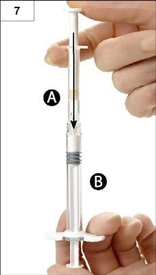 Současně vstříkněte kapalinu obsaženou ve stříkačce A do stříkačky B obsahující prášek (leuprorelin acetát) (obrázek 7).
