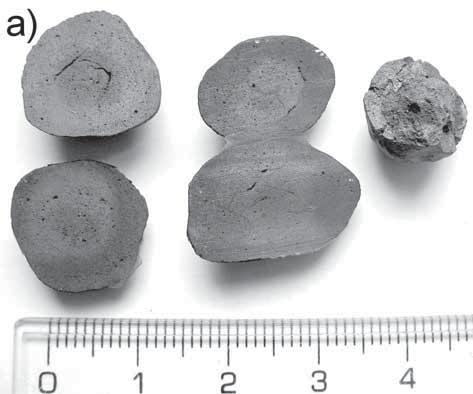 Obr. 1: Vzhled konkrecí a průřezy koncentrickou stavbou. a) vnitřní stavba konkrecí, b) povrch, tvar a průřez konkrecemi. Fig. 1: Appearance of concretions and a cross-section of concentric structure.
