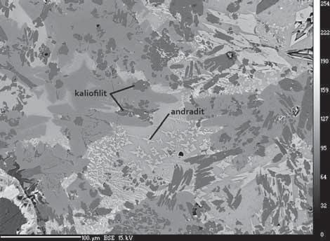 Obr. 1: Heterogenita skelné fáze skla tyglíku M2, novotvořené minerály kaliofilit a andradit. Fig. 1: Heterogenity of the glass phase of M2 crucible, new formed minerals kalipohilite and andradite.