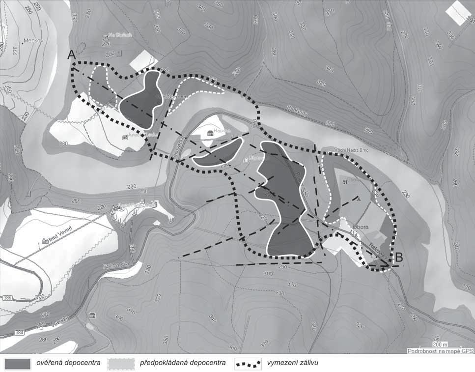 Obr. 7: Vymezení zjištěných a předpokládaných depozitních center. Fig. 7: Position of localized and expected sedimentary areas. Obr. 8: Výškový profil báze. Fig. 8: Profile graph of sedimentary base.