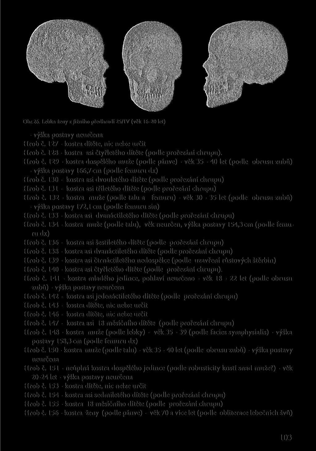 Obr.26. Lebka ženy z Jižního předhradí 25/IV (věk 16-20 let) - výška postavy neurčena Hrob č. 127 - kostra dítěte, nic nelze určit Hrob č. 128 - kostra asi čtyřletého dítěte (podle prořezání chrupu).