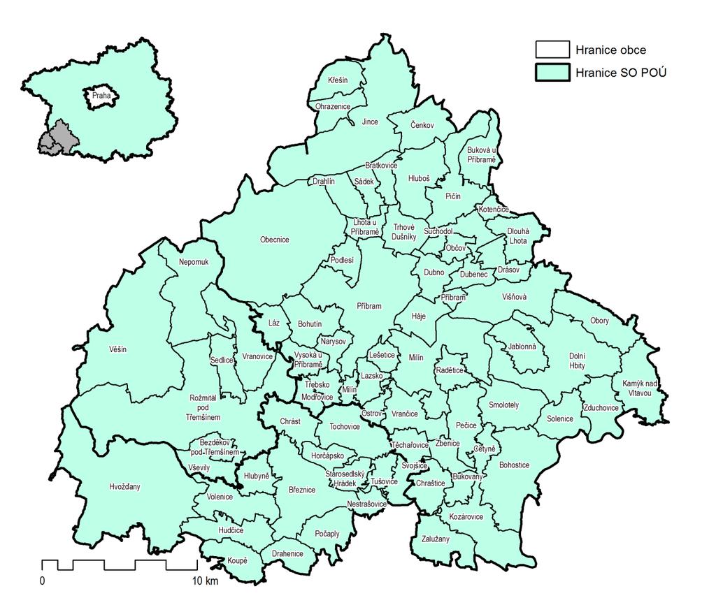 Administrativní mapa správního obvodu ORP Příbram (k 1. 1. 2016) Zdroj: ArcČR 500 Toto vše svědčí o velké rozdrobenosti osídlení, která je na úrovni průměru ČR a je pro území státu typická.