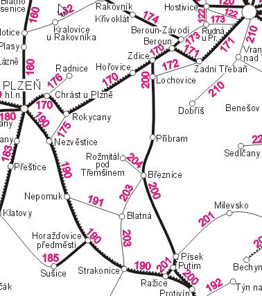 Trať č. 200 seznam stanic - Rejkovice, Jince, Bratkovice, Příbram, Milín, Ostrov u Tochovic, Tochovice, Březnice, Dobrá Voda u Březnice a dále až Protivín Trať č.