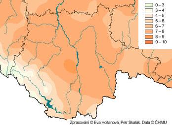 Obrázek 3 Průměrná roční teplota vzduchu v Jihočeském kraji (1961 1990) Obrázek 4 Průměrný roční úhrn srážek v Jihočeském kraji (1961 1990)