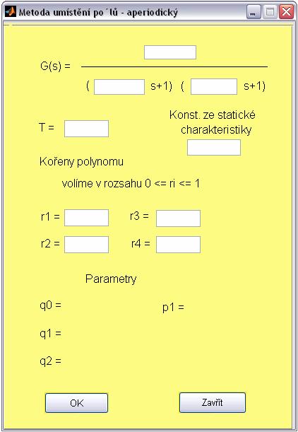 UTB ve Zlíně, Fakulta aplikované informatiky, 2008 32 3.8 Metoda umístění pólů Poslední z použitých metod je určení koeficientů PSD regulátoru na základě umístění pólů. 3.8.1 Metoda umístění pólů pro aperiodický průběh V okně této metody se nastaví základní parametry viz 3.