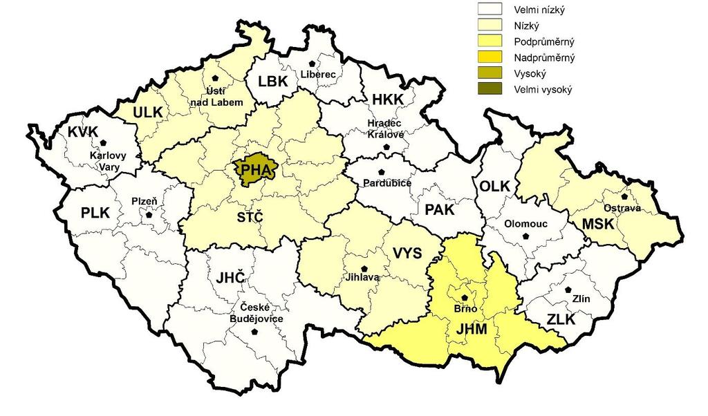 Podíl zaměstnaných ve skupině povolání Technici v oblasti informačních a komunikačních technologií na počtu zaměstnaných v kraji Mapa znázorňuje srovnání podílu zaměstnaných dané skupiny povolání v