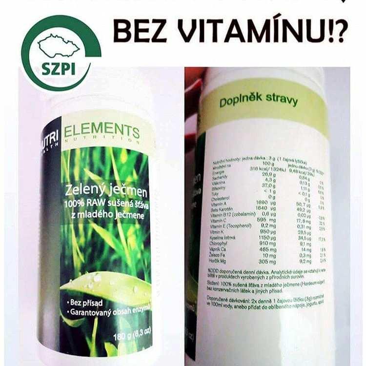 Hospodářská soutěž a její právní regulace 49 4.6.8 Nápoj NUTRI ELEMENTS zelený ječmen Obrázek 3 Potravinový nápoj bez vitamínů Dostupný z: https://www.facebook.com/potravinynapranyri/photos/a.