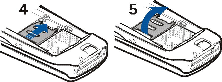 3. Dr¾ák SIM karty uvolnìte odsunutím dozadu (4) a poté jej zvednutím otevøete (5).