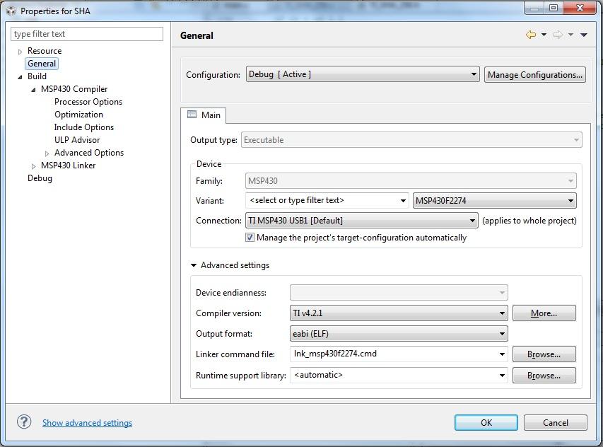 Obr. 5.2: Code Composer Studio properties 5.