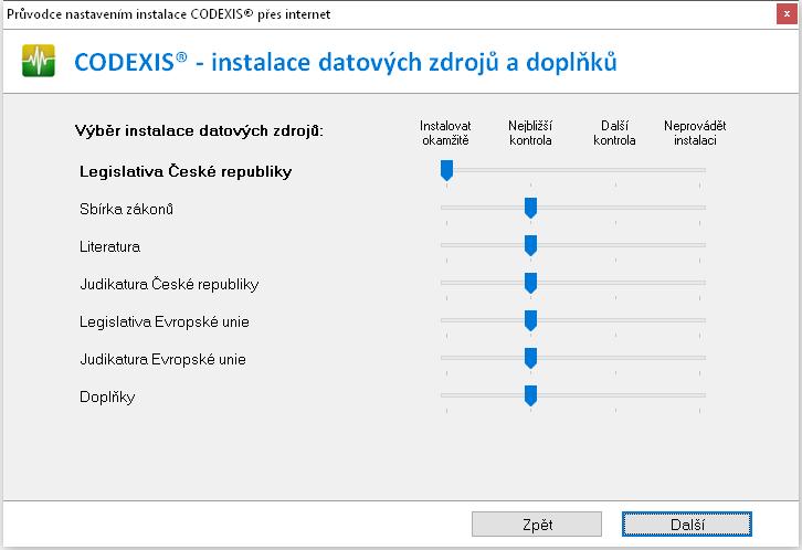 3.9 Průvodce nastavením instalace Nyní máme nainstalovány základní části programového vybavení Codexis a je zapotřebí stáhnout jednotlivé Datové zdroje s jejich obsahem.