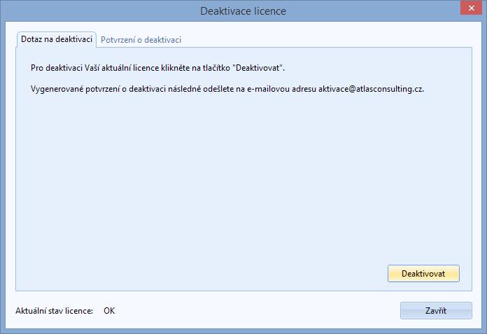 6.6 Offline deaktivace licencí Postup pro deaktivaci licencí offline je velmi podobný aktivačnímu procesu, s tím rozdílem,že uživatel již neobdrží potvrzovací deaktivační kód, ale pouze odešle
