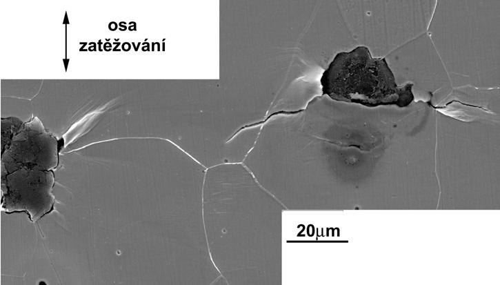 trhliny) a samotné únavové trhliny dosahující délky až 57 µm, které byly