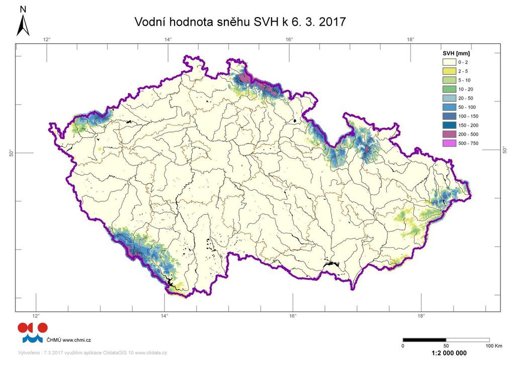 Mapa rozložení vodní hodnoty sněhu (SVH) k 6.březnu 2017: odtoková výška (mm) odtoková výška (mm) objem objem Povodí po profil (mil.m 3 ) Povodí po profil (mil.m 3 ) Orlice po Týniště n.