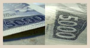 8.1.5 Skrytý obrazec Jedná se o úspěšný ochranný prvek. Na všech českých bankovkách ho nalezneme v dolním rohu pravé strany na lícní straně bankovky v levém rameni osoby na portrétu.