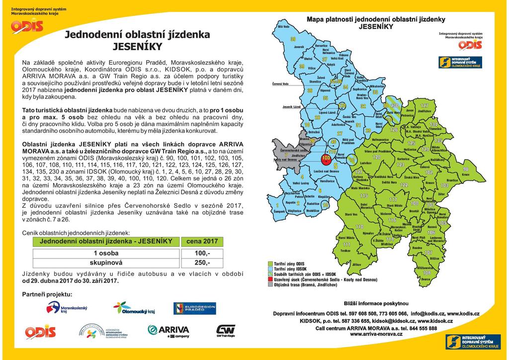 INFORMAČNÍ MATERIÁLY PRO VEŘEJNOST 1) KOMBIZÓNA 2) JEDNODENNÍ OBLASTNÍ JÍZDENKA JESENÍKY Se zavedením jízdního dokladu KOMBI ZÓNA došlo k zpřehlednění a zjednodušení systému IDS pro cestující nemusí