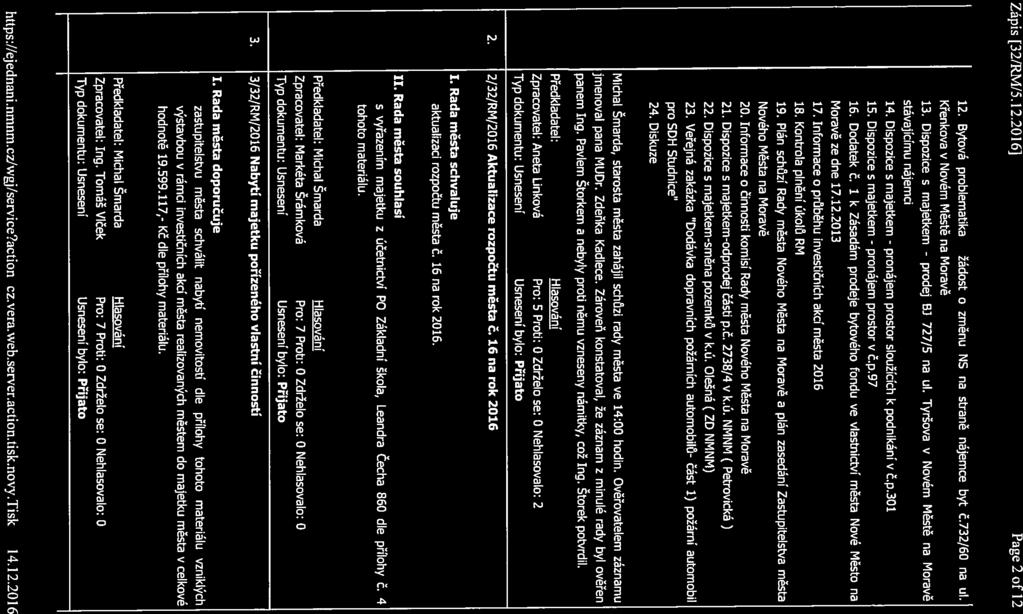 prodej Zápis [32/RM!5.12.2016] Page 2 of 12 12. Bytová problematika - žádost o změnu NS na straně nájemce byt č.732/60 na ul. Křenkova v Novém Městě na Moravě 13.
